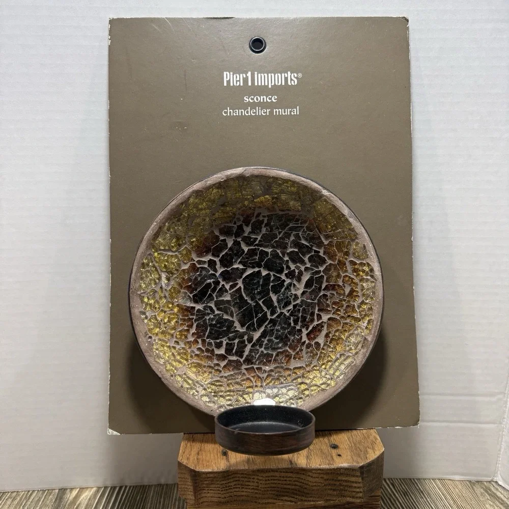 PIER ONEMosaic Round Crackle Gold Tan Glass and Metal Wall Sconce Candle Holder